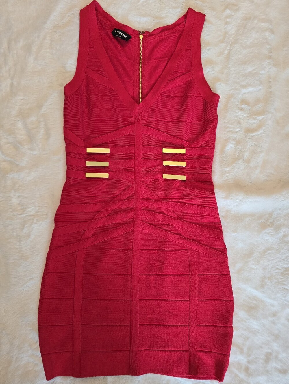 Bebe Hot Red Sleeveless V-Neck Mini Dress with Decorative Gold Bars - Picture 3 of 10